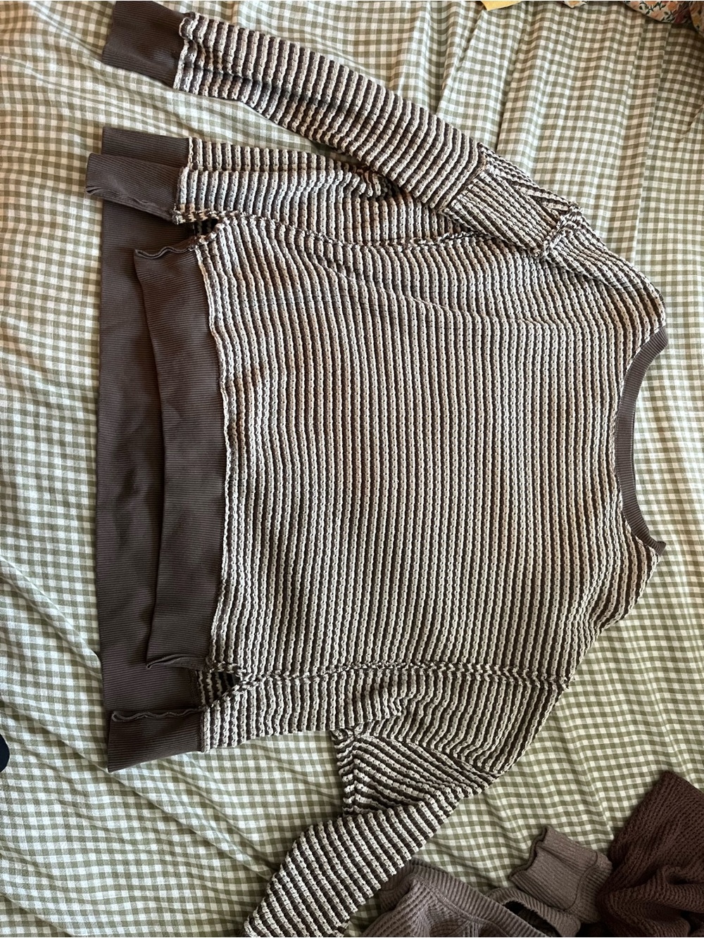 American Eagle Outfitters Brown and Cream Striped Big Hug Pullover Sweatshirt